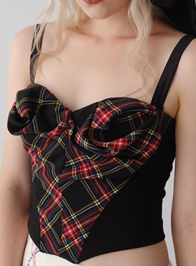 TMS studio 2025ss 立体褶苏格兰风格子拼针织弹力肩带可拆吊带