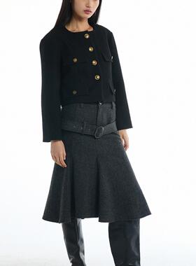 TMS STUDIO 春金色小熊扣金属扣香风短款粗呢编织羊毛外套