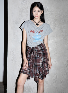 TMSstudio 格纹不对称拼接解构街头休闲百搭a摆夏低腰短半身裙