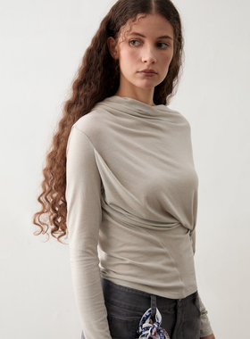 TMS STUDIO 露肩多穿法扭身纯色轻柔后V领套头春夏长袖打底针织衫