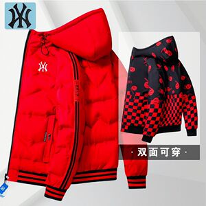 奥特莱斯男士羽绒服冬季休闲连帽加厚保暖双面穿青少年红色外套