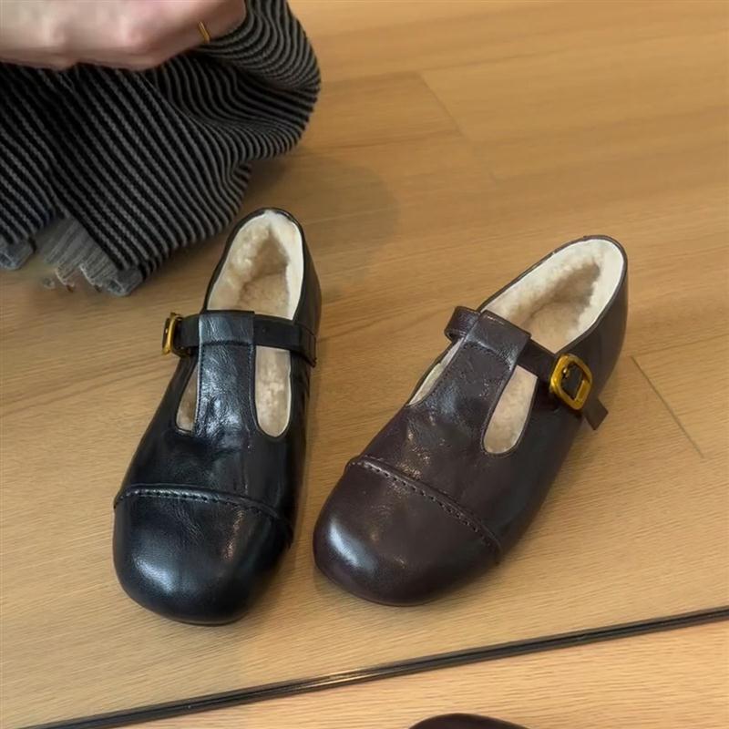 澜柜版~复古风T字带小皮鞋女秋冬新款玛丽珍鞋平底加绒保暖毛毛鞋