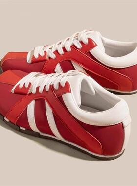 云芙丨红色德训鞋女2026年春夏季新款运动休闲复古拼色厚底斑马鞋