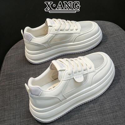 夏天透气网面鞋子女鞋真皮系带小白鞋厚底舒适轻便休闲运动鞋板鞋