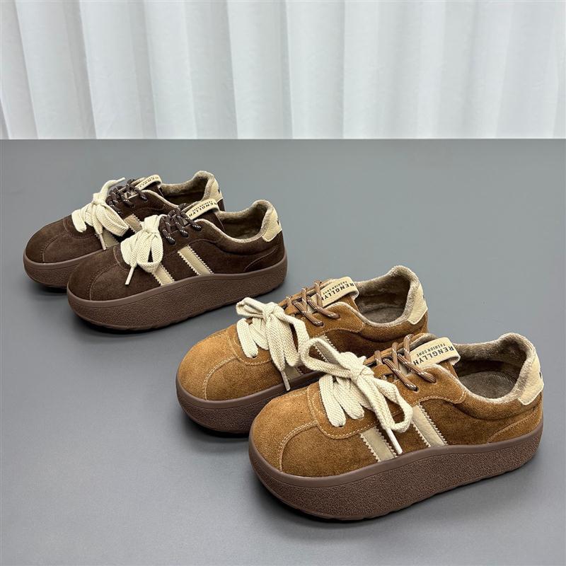 真皮加绒德训鞋女2025冬季新款系带厚底保暖防滑运动牛皮休闲棉鞋