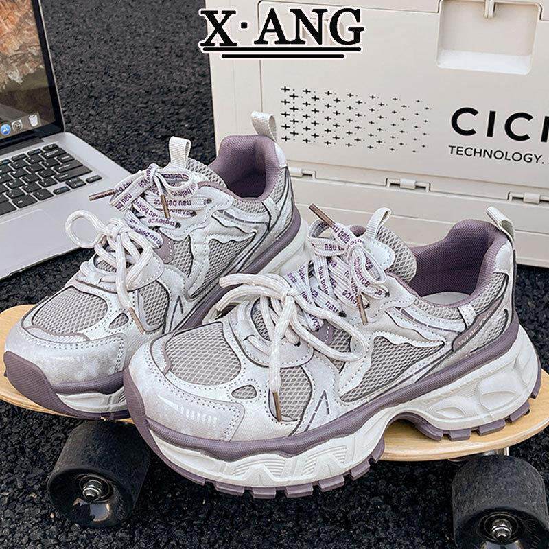 真皮老爹鞋女款2026新款早春季百搭鞋子女厚底增高网面休闲运动鞋