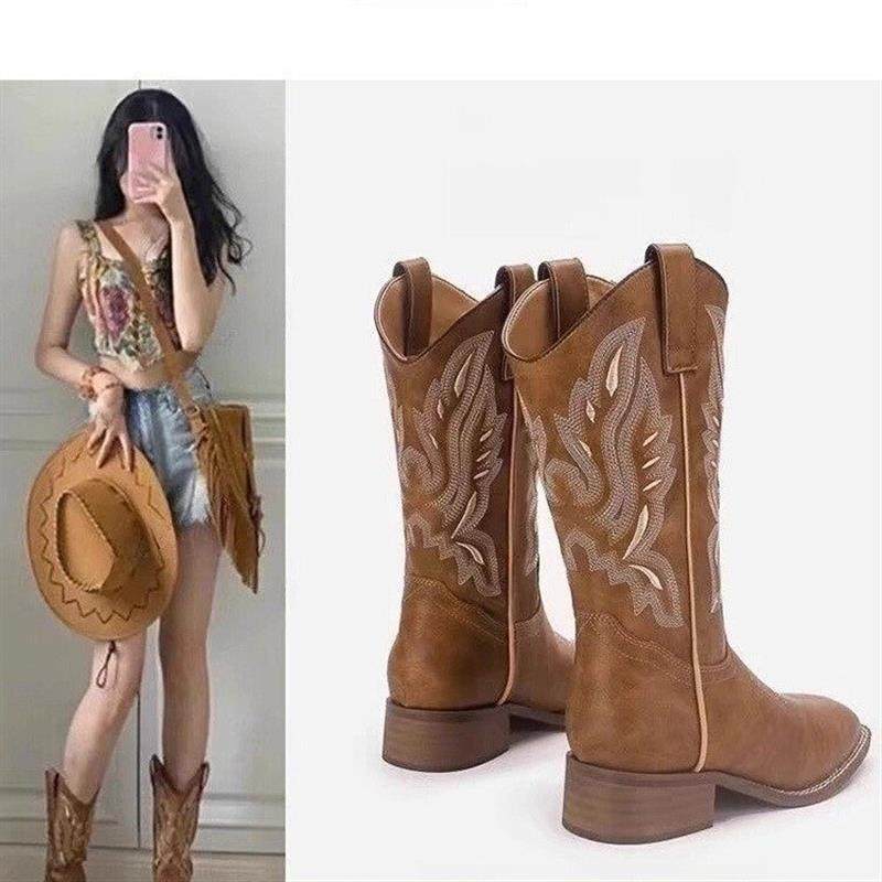 西部牛仔靴复古刺绣骑士靴女2026新款何穗同款V口中筒靴长筒靴子,女鞋,骑士靴,淘宝优惠券,粉丝福利购,淘宝优惠卷