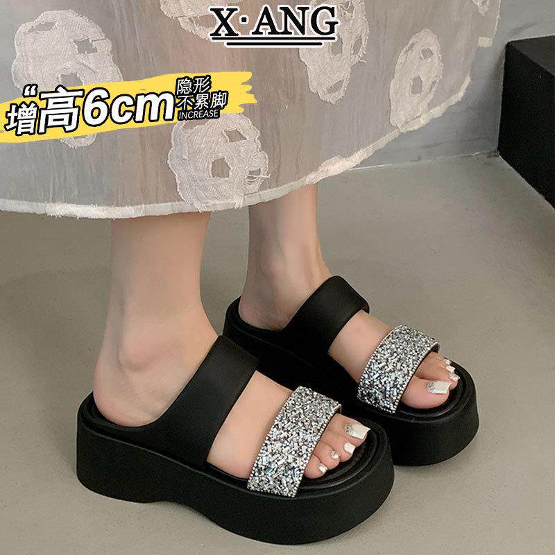 真皮超软厚底增高踩屎感女士凉拖鞋可外穿夏季配裙子一字沙滩凉鞋