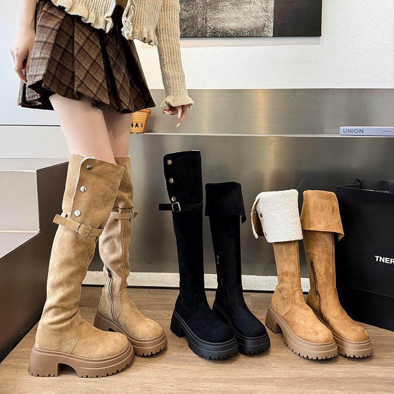 2026冬季加绒保暖过膝长靴女复古翻领骑士靴粗跟厚底长筒雪地靴子,女鞋,骑士靴,淘宝优惠券,粉丝福利购,淘宝优惠卷