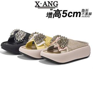 真皮超软厚底踩屎感拖鞋女可外穿夏季新款配裙子水钻凉鞋一字凉拖
