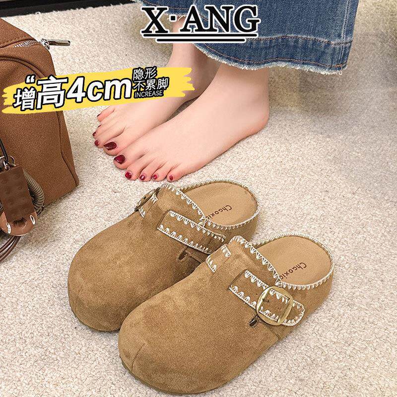真皮厚底勃肯鞋包头半拖鞋女外穿2026新款春夏季一脚蹬配裙子单鞋