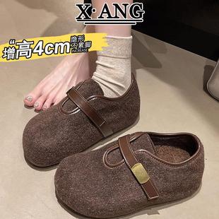 乐福鞋 子女加绒加厚保暖棉鞋 羊呢绒灰色全包勃肯鞋 4cm内增高女鞋