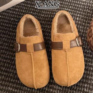 一脚蹬乐福鞋 牛皮版 加绒加厚保暖棉鞋 子女鞋 内增高4cm全包勃肯鞋