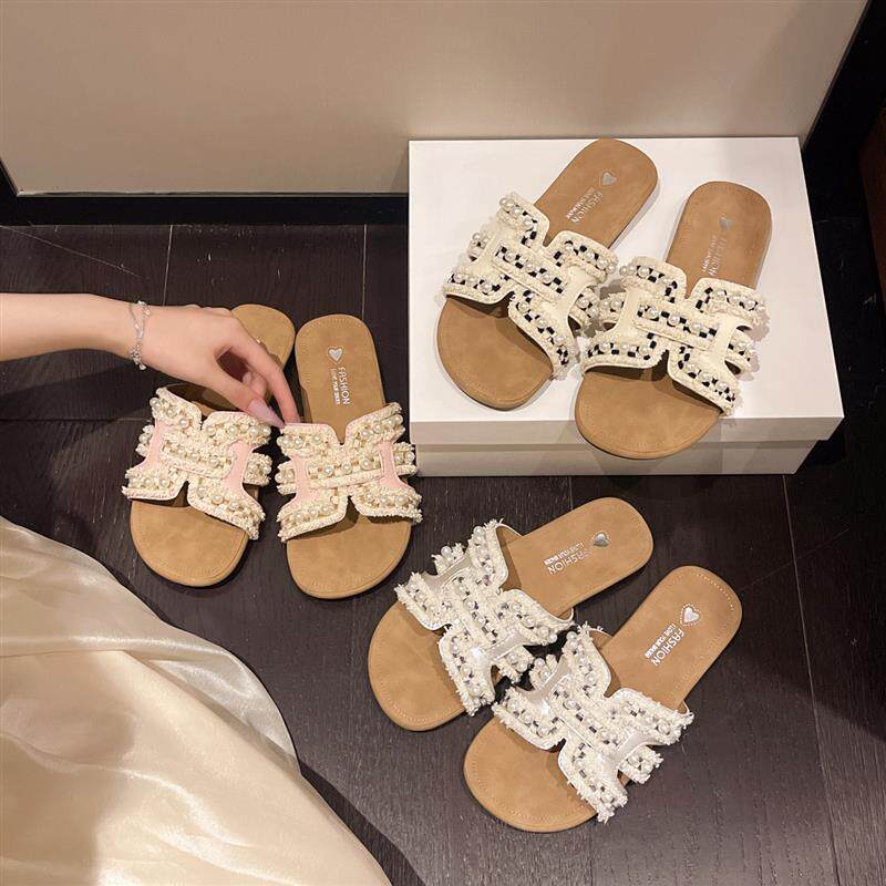 软皮平底小香风凉拖鞋女夏季外穿2026新款配裙子珍珠一字拖鞋