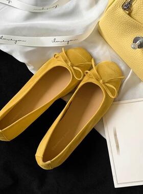 自留版 蝴蝶结黄色单鞋女平底浅口晚晚鞋软底豆豆鞋法式芭蕾鞋
