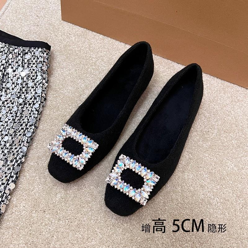 内增高5CM方头浅口钻扣单鞋女小个子爆款玛丽珍灰色加绒毛毛鞋子