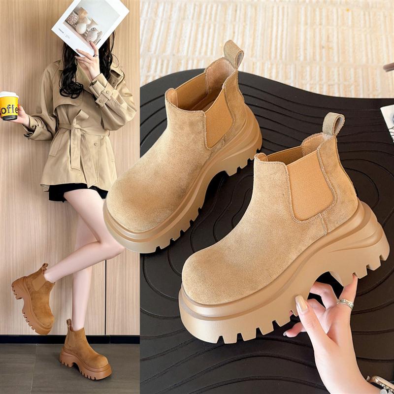 谷韵丨新款厚底时装靴女鞋圆头中筒靴磨砂皮时装靴粗跟显瘦马丁靴