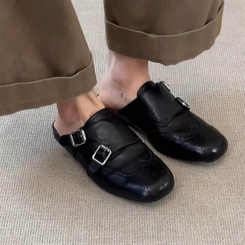羊皮版~一脚蹬双排扣真皮黑色包头鞋女复古百搭方头布洛克半拖鞋,女鞋,包头拖,淘宝优惠券,粉丝福利购,淘宝优惠卷