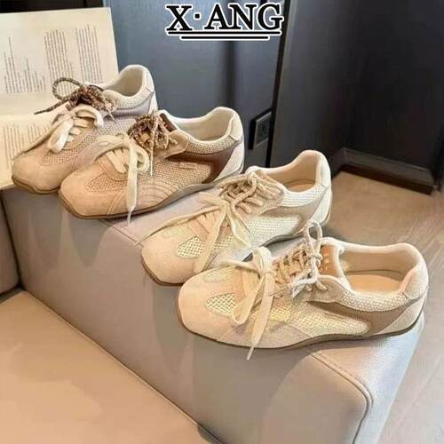 牛皮版方头系带芭蕾风德训鞋子女鞋夏季透气软底休闲运动鞋阿甘鞋