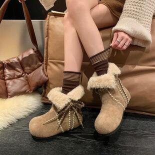 厚底内增高雪地靴女款2026新款冬季短筒勃肯鞋加绒加厚保暖棉鞋子