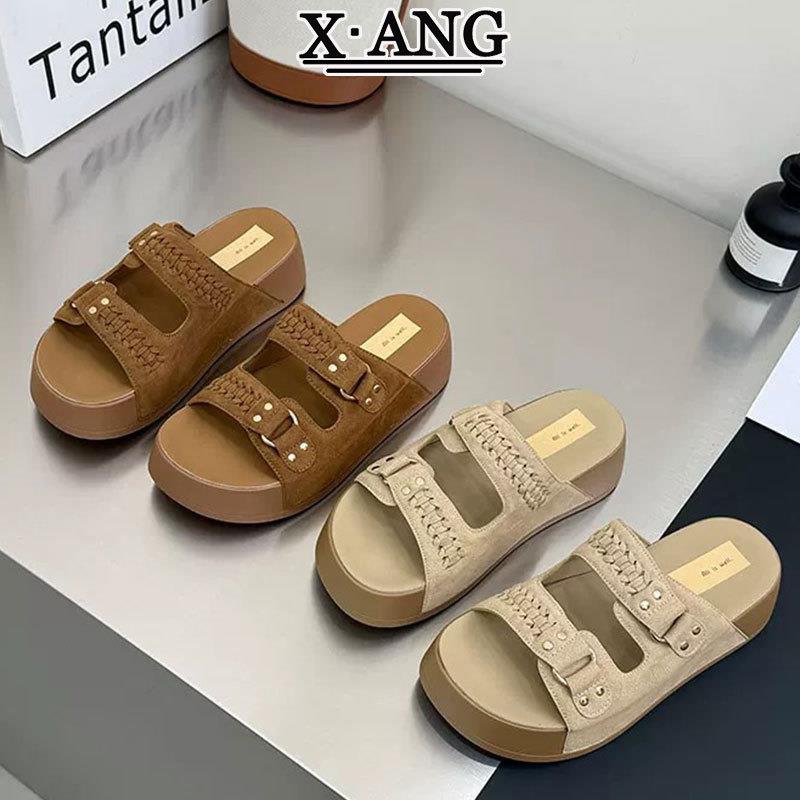 牛皮版厚底踩屎感博肯拖鞋女夏季外穿度假不累脚防滑沙滩一字凉拖
