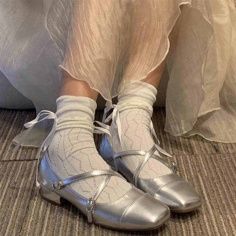 粗跟交叉银色芭蕾小皮鞋法式玛丽珍鞋方头低跟单鞋女春秋晚晚鞋子,女鞋,时尚芭蕾鞋,淘宝优惠券,粉丝福利购,淘宝优惠卷