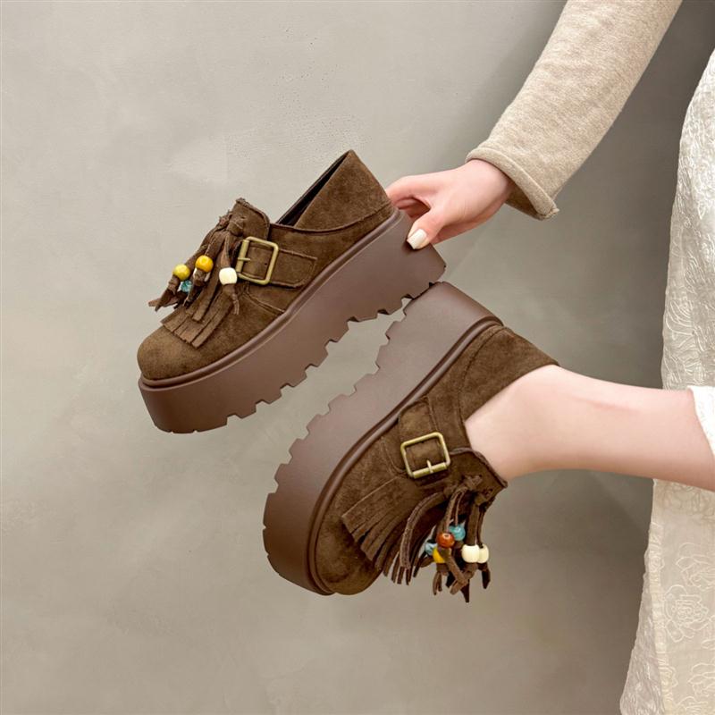 厚底流苏松糕勃肯鞋女2025新款秋季小个子复古增高一脚蹬休闲鞋