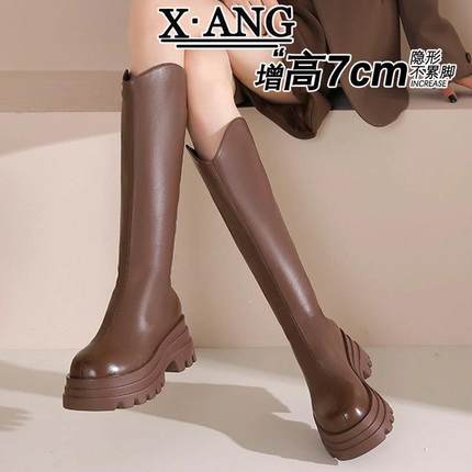 牛皮版7cm厚底增高跟长筒靴子女靴不过膝高筒靴粗跟显瘦V口骑士靴