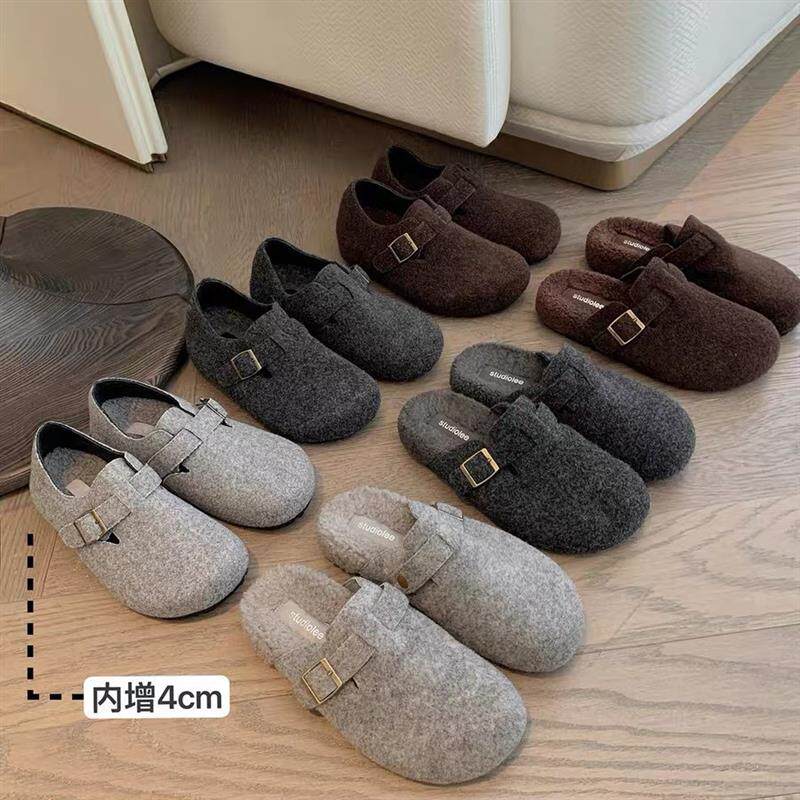 葡萄妈studiolee 保暖加绒内增高毛毛半拖外穿厚底勃肯女鞋秋冬款