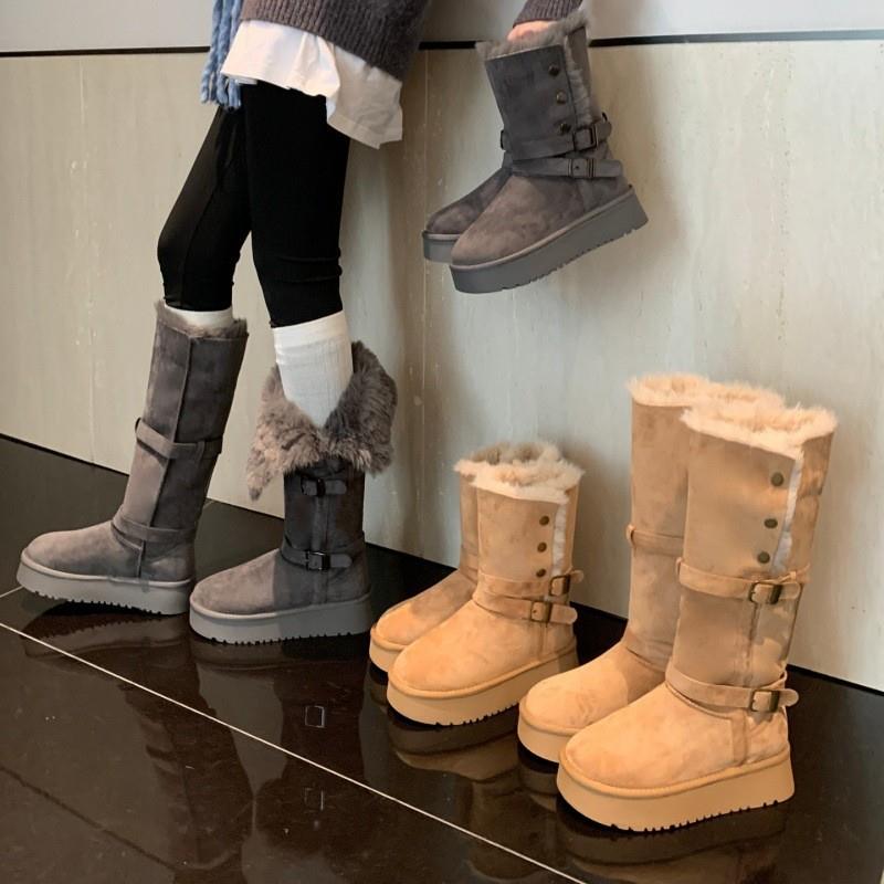 厚底灰色雪地靴女2025冬季新款两穿搭扣加绒加厚保暖长筒东北棉鞋