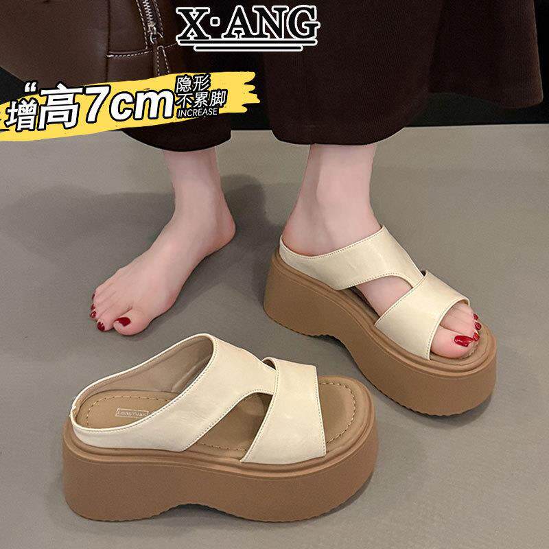 软牛皮女士凉拖鞋夏季可外穿厚底增高小个子不累脚凉鞋沙滩凉拖鞋
