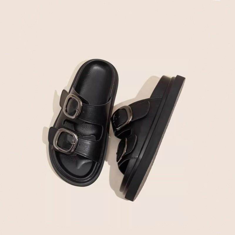 云芙丨厚底黑色拖鞋女夏季新款百搭运动一字扣平底罗马凉拖鞋潮