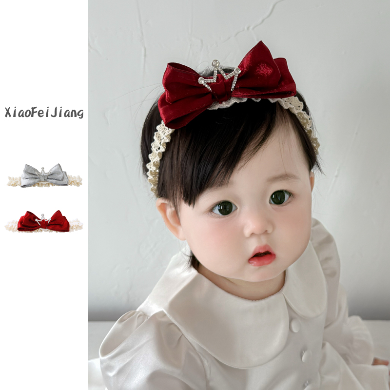 婴儿发带红色公主风皇冠立体蝴蝶结婴幼儿宝宝发饰小月龄头饰女孩