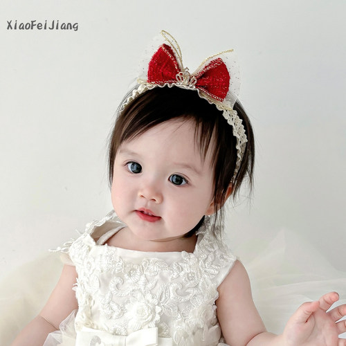 婴儿发带公主红色立体蝴蝶结皇冠头饰新年周岁生日小月龄宝宝发饰