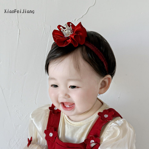 婴儿发带皇冠头饰红色百天周岁生日公主风小月龄女宝宝发饰不勒头