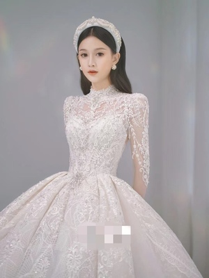婚纱租赁出租法式复古蕾丝高领美背款仪式婚纱韩式大拖尾长袖主纱