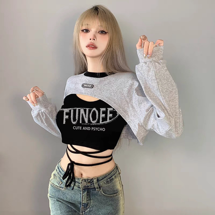 爵士舞蹈辣妹女团风时尚百搭两件套女设计感印花绑带背心短款卫衣
