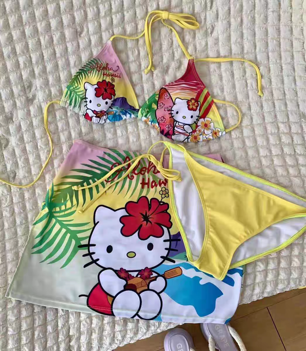 女生辣妹分体泳衣女2023新款日系纯欲Kitty猫比基尼小胸聚拢泳装