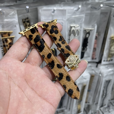 华强北手表带适用AppleWatch苹果s11豹纹真皮西太后镶钻iwatchS10