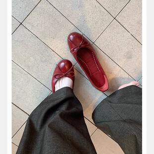 女蛋卷鞋 蝴蝶结浅口不累脚平底单鞋 油蜡感马皮芭蕾鞋 葡萄妈同款
