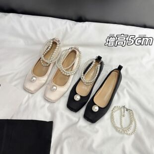 内增高不累脚小个子珍珠方头芭蕾舞鞋 法式 春季 女2026新款 浅口单鞋