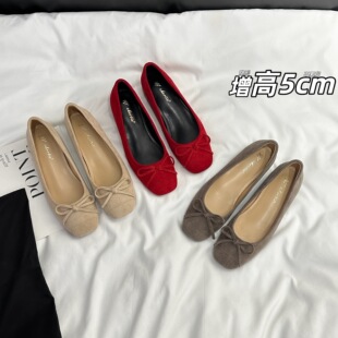 不累脚配裙子一脚蹬玛丽珍鞋 内增高5CM蝴蝶结方头浅口单鞋 女法式