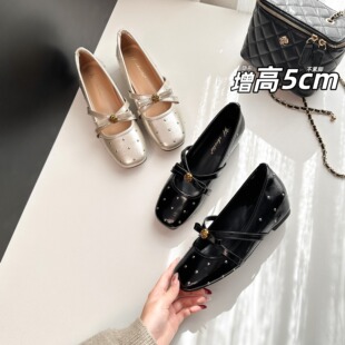 水钻方头浅口一脚蹬通勤玛丽珍鞋 新款 女2026春季 内增高蝴蝶结单鞋