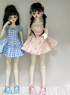 bjd 四分方领格子连衣裙+蕾丝袜4/1娃娃衣服配件白菜娃衣蓝色粉色