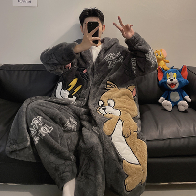 男士秋冬季珊瑚绒加绒加厚睡袍