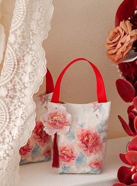 【国色芳华】免折叠中式喜糖袋子牡丹流苏帆布结婚伴手礼喜庆空袋