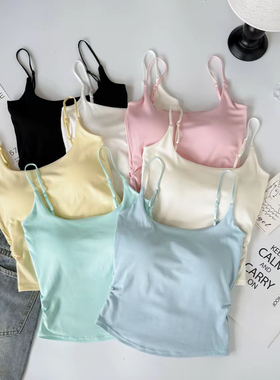 纯欲风褶皱设计感吊带背心女外穿内搭带胸垫修身美背上衣女