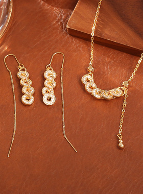 爆款五帝钱多多项链新中式高级感时尚精致好运锁骨链女中国风耳环