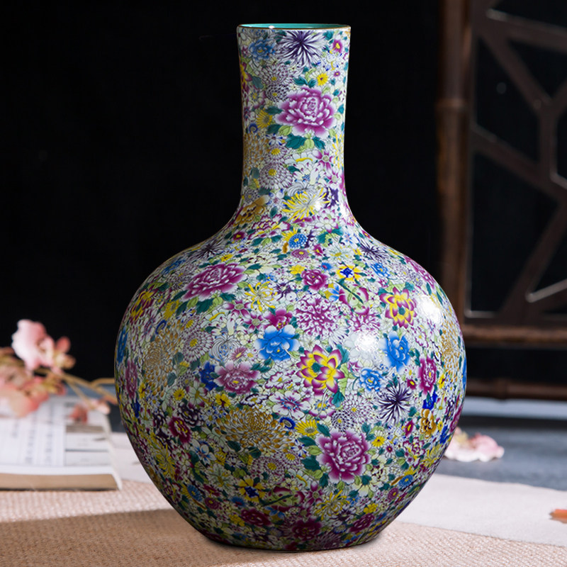 景德镇陶瓷仿古花瓶收藏摆件高档描金珐琅彩万花天球瓶花插工艺品