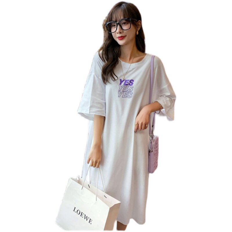 2024 SUMMER KOREAN VERSION OF MATERNITY DRESS LOOSE THIN DRESS FOREIGN PRINT T-SHIRT WOMENS PREGNANCY LONG SKIRT 200 POUNDS